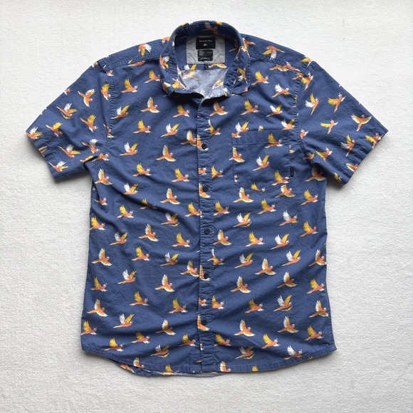 Quiksilver Mens Large Hawaiian Shirt Bird Cockatoo Blue Short Sleeve Beach Surf - Picture 1 of 16